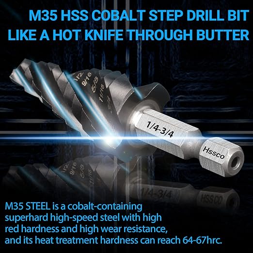 MABLEVI M35 Four Spiral Flute Cobalt Step Drill Bit 1/4" - 3/4", Wear-Resistant TiAlN Coated 1/4" Hex Shank Unibit Step Bit for Metal, Stainless Steel, Aluminum, Wood, Plastic（9 Sizes）