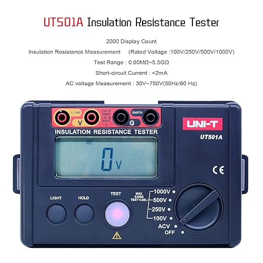UNI-T 1000V Megohmmeter Insulation Megger Tester, Ground Resistance Tester Meter 0 Megohm to 5.5GΩ with AC 100V/250V/500V Testing Voltage & LCD Display Backlight(UT501A)