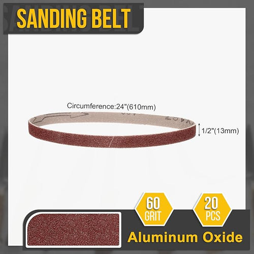 1/2 x 24 Inch Sanding Belt, 20 Pcs 60 Grit Aluminum Oxide Knife Sharpener Belts Work Sharpening for Belt Sander Knife Carving Tool Metal Working
