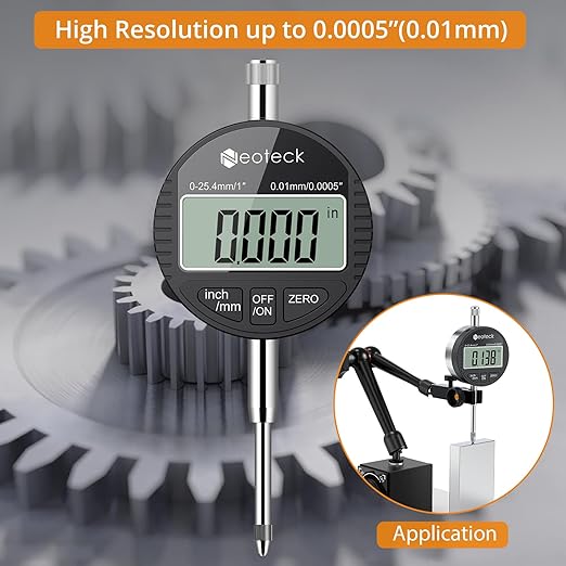 Neoteck Electronic Digital Dial Indicator Gage Gauge 0-1 Inch/25.4 mm Inch/Metric Conversion Auto Off Featured Measuring Tool for 3D Printer Leveling, etc. - Black