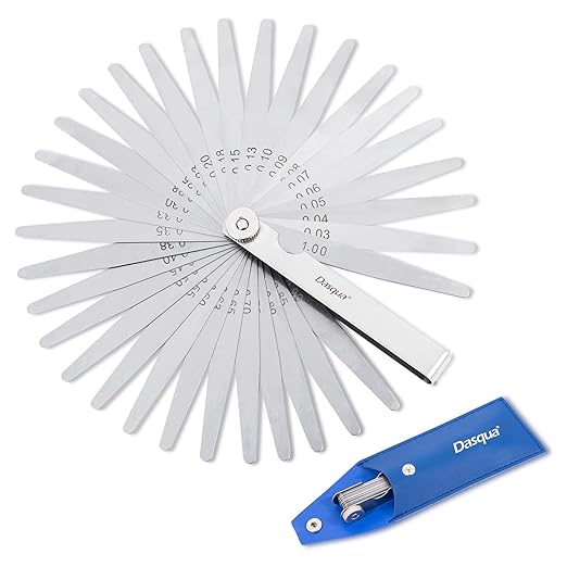 Dasqua 32 Blades Feeler Gauges 0.03-1.00mm Tapered Feeler Gauge Set Stainless Steel Thickness Gauges Dual Marked SAE and Metric Narrow Feeler Gauge for Measuring Gap Width or Thickness
