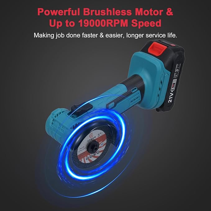 Cordless Angle Grinder Kit, 19000rpm Brushless Mini Angle Grinder with 2PCS 2000mAh Battery & 7pcs Cutting Discs, 21V Electric Cordless Grinder Tool for Metal Wood Polishing Rust Removal
