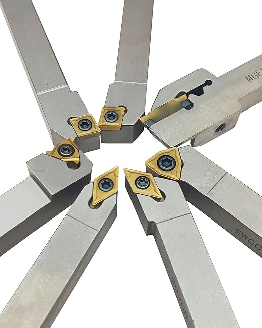 GBJ 1/2'' 12mm Shank Indexable Lathe Turning Tools kit 7Pcs Tools Holder Set with 7Pcs Inserts for Turning/Grooving/Threading Processing Steel or Stainless