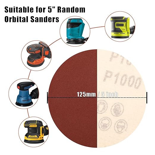 1000 Grit 5 Inch Sanding Discs Hook and Loop Sandpaper, 100 PCS 8 Hole Adhesive Extra Fine Sand Paper for Random Orbital Sander