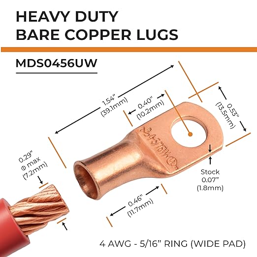 SELTERM 25pcs 4 AWG 5/16" Stud (Wide Pad) Battery Lugs, Ring Terminals, Heavy Duty Copper Wire Lugs, Battery Cable Ends, 4 Guage Ring Terminal Connectors, UL Bare Copper Eyelets Battery Cable Lugs