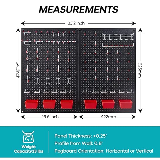 Pegboard kit with Accessories,Includes 2 Pack 16" X 24" Steel Pegboard and 120 PCS Varied Pegboard Accessories,can be Used for Tool Storage and Garage Organization. (Red Box)