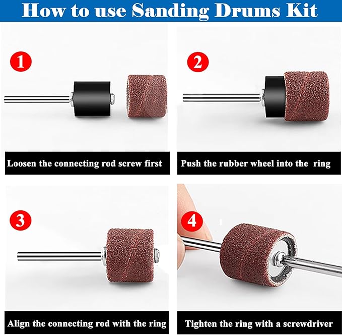 Tnisesm 552Pcs Aluminum Oxide Sanding Drum Set,Including 525 Pieces 80 120 150 240 320 400 600 Grit Drum Sander Sanding Sleeves and 24 Pieces Drum Mandrels for Dremel Rotary Tool,Sanding Drums