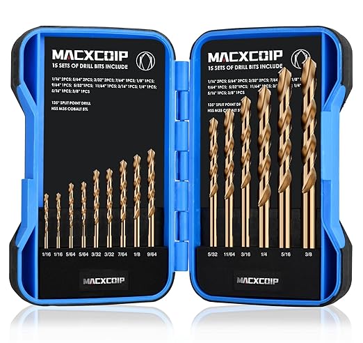 Cobalt Drill Bit Set, 15Pcs M35 High Speed Steel Jobber Length Drill Bit Kit for Hardened Metal, Stainless Steel, Cast Iron, Wood and Plastic, with Index Storage Case, 1/16"-3/8"