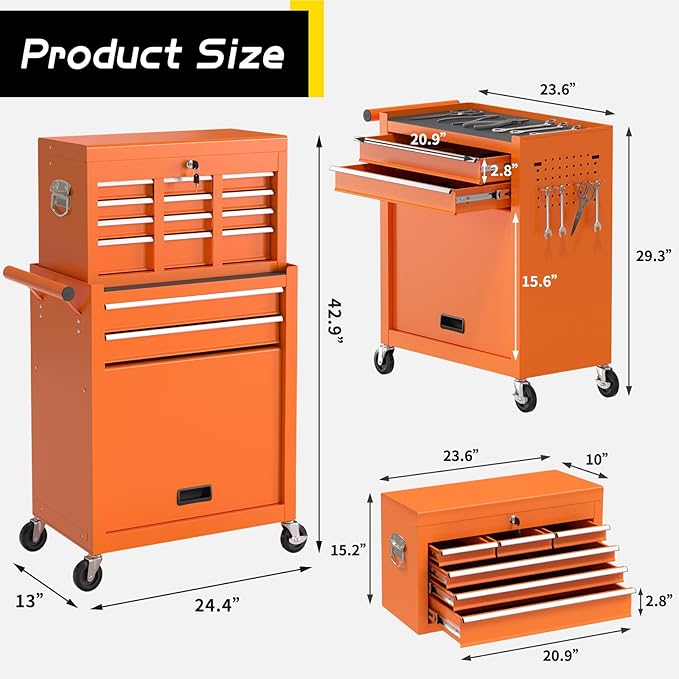 On Shine 8 Drawer Rolling Tool Chest, Large Capacity Rolling Tool Box with Wheels, Locking Mechanical Tool Chest, Portable Tool Box with Sliding Drawers,Metal Tool Box for Garage Workshop (Orange)