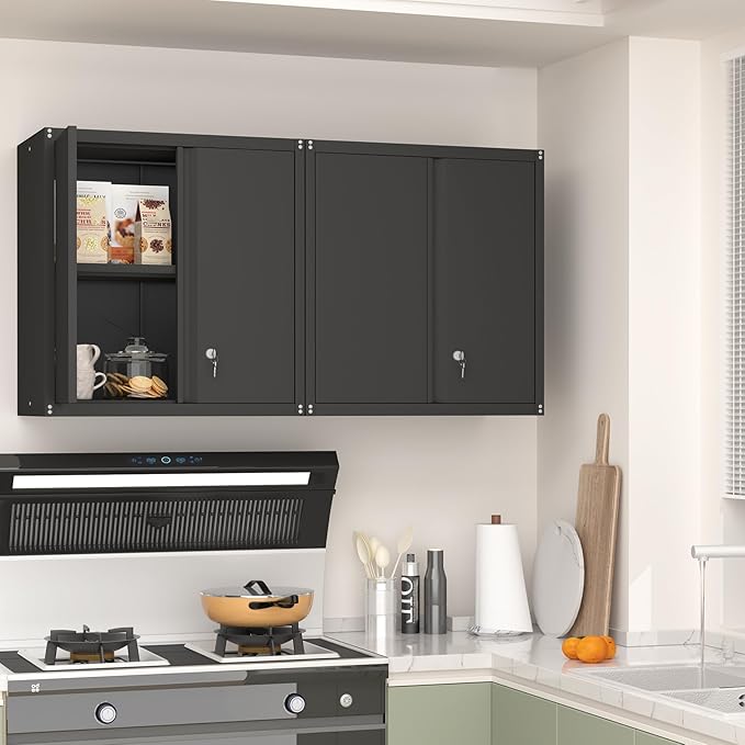 28" H Metal Wall Cabinet, Steel Wall Mount Storage Cabinets with 2 Doors and 1 Adjustable Shelf, Small Wall Cabinet for Kitchen, Garage, Laundry Room, Pantry, Black
