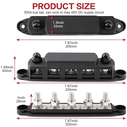 300A Bus Bar 5 Post 12V-48V DC Power Distribution Block,5 * 3/8"(M10) Battery Terminal Studs with Cover and Wire Lugs for Wiring,Automotive,Marine,Battery busbar (Red&Black)
