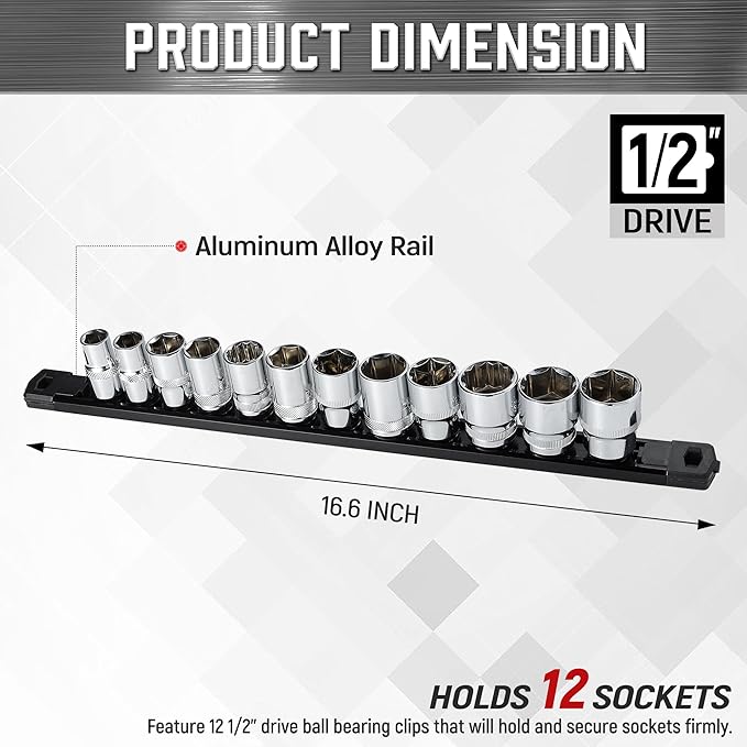 ALOANES 1/2-Inch Drive Magnetic Socket Organizer, Heavy Duty Aluminum Socket Rail Organizer, 360° Swivel Clips Socket Holder Kit for Tool Box, 1/2 Inch Socket Holder x 12 Clips (Black)