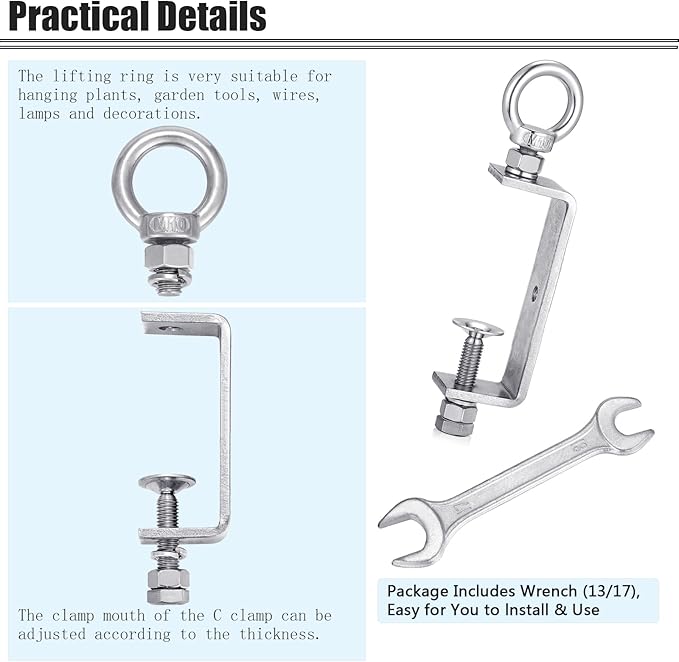 2-Pack Small C Clamps – 304 Stainless Steel Beam Clamps with M10 Screw Ring | Adjustable, Rust-Resistant I Beam Clamps for Ring Beams, Welding, Woodworking, Plants & Desk Use. Wide Jaw Openings(100MM)