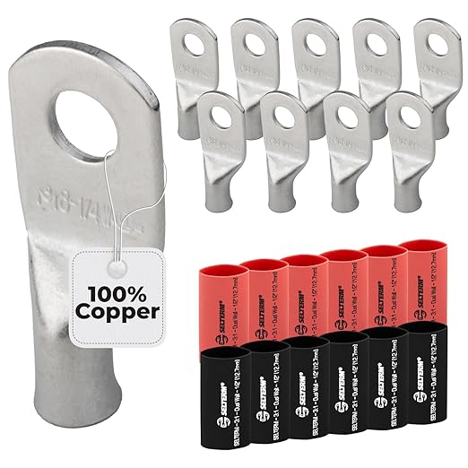 SELTERM 10pcs - 8 Awg - 1/4" Stud - Battery Lugs - Ring Terminal Connectors | with 12pcs 3:1 Black & Red Heat Shrink Tubing with Adhesive | Heavy Duty Battery Cable Ends - Tinned Copper Wire Lugs Kit