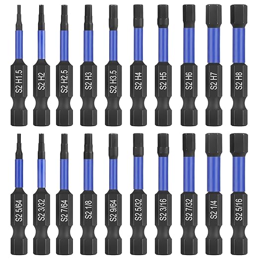 HPHOPE Impact Hex Head Allen Wrench Drill Bit Set 20 Pcs - Metric&SAE, S2 Steel Hex Bits Set, 1/4” Hex Shank with Magnetism, 50mm Long with Storage Box.