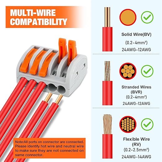 Nilight 115PCS Lever Wire Connectors Nuts Kit 28-12AWG Inline Electrical Terminal 2 3 4 5 Port Assortment Quick Disconnect Push in Wire Connectors for Solid Stranded Wiring Projects,2 Year Warranty