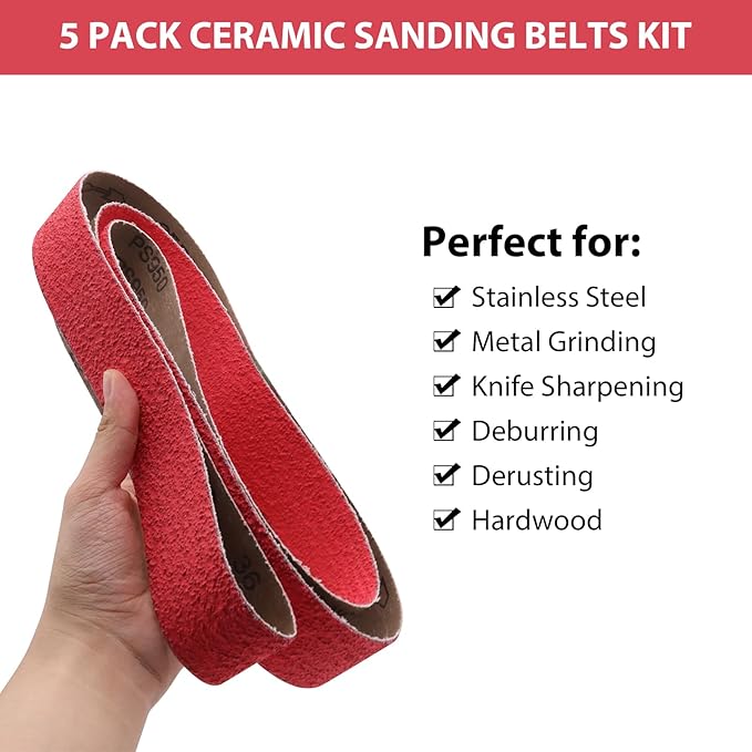 2 x 42 Inch Ceramic Sanding Belts, 2x42 Metal Grinding Belts, 36/40/60/80/120 Grits Sander Belt for Knife Sharpening, 5 Pack