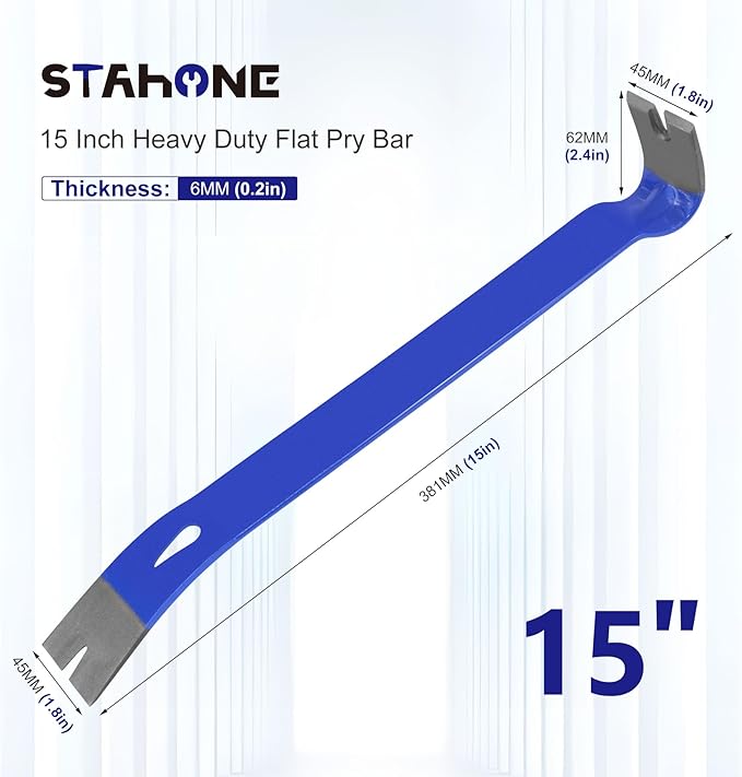 15" Flat Pry Bar, Heavy Duty High Carbon Steel Crow Bar, Utility Wonder Bar for Home Improvement, Baseboard Removal, Furniture Repair and Nail Puller