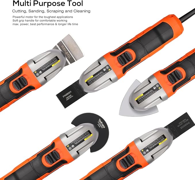 Oscillating Multi-Tool, 22000 OPM, 1.5A, 3° Oscillation Angle, 10-Piece Accessory Kit: 3 Saw Blades, Semi-Circle Blade, Sanding Plate, 6 Sanding Papers for Cutting, Grinding, Sanding