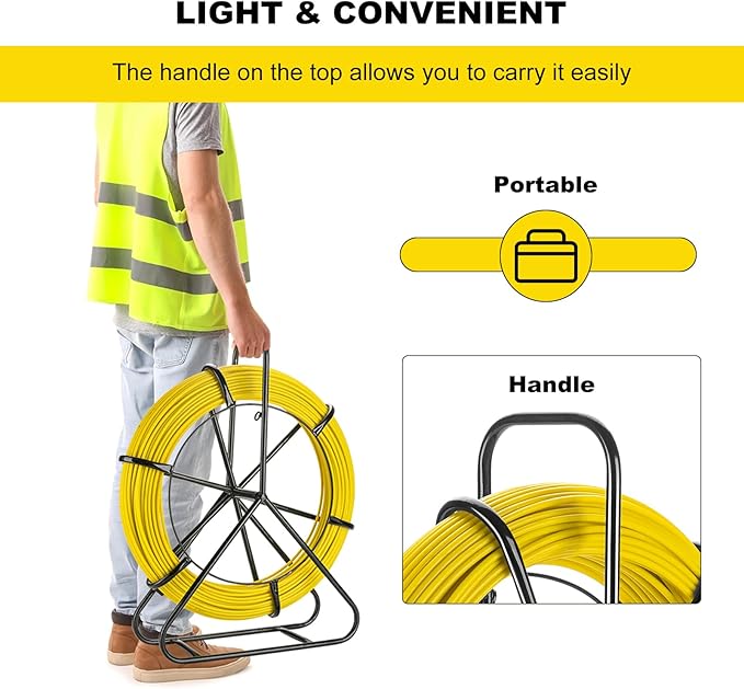 6MM x 656FT (200M) Fiberglass Fish Tape with Steel Reel Stand, Duct Rodder Cable Puller Tool for Electrical Wiring, Conduit, Wall Pipes