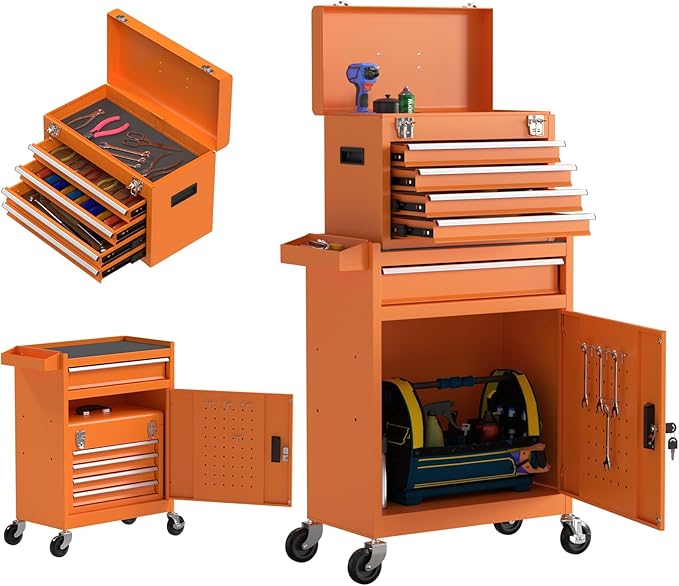 5 Drawer Tools Chest, Tool Cabinet with Universal Lockable Wheels，Tool Box with Detachable Top Box for Workshop(Orange)
