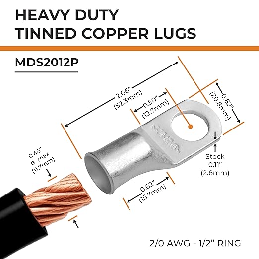 SELTERM Heavy Duty Tinned Copper Lugs, 2/0 Awg, 1/2 Inch Ring Terminal, 5-Pack, Marine Grade