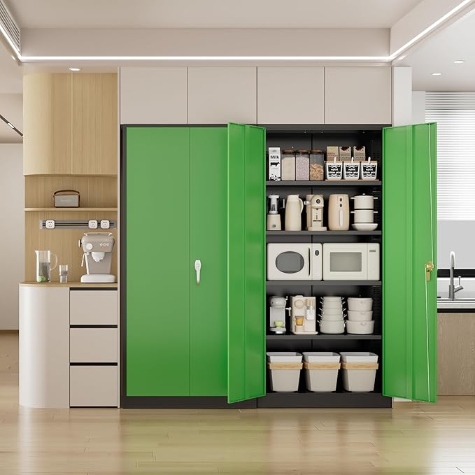 Pataku Metal Storage Cabinet, 71" Garage Cabinet with Doors and Shelves Lockable Steel Multifunctional Cabinets, File Cabinets for Home, Office, Warehouse(Dark Green)