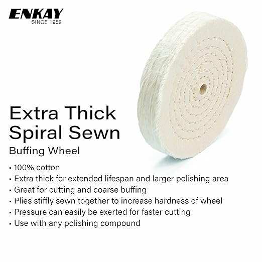 ENKAY - 8" Extra Thick Spiral Sewn Buffing Wheels (2 Pack) for Polishing Metal and More, for Use with Polishing Compounds, Buffing Machines & Bench Grinders (80 Ply Each)