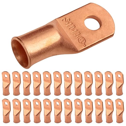 SELTERM 25pcs 1/0 AWG 1/4" Stud Battery Lugs, Ring Terminals, Heavy Duty Copper Wire Lugs, Battery Cable Ends, 0 Gauge Ring Terminal Connectors, UL Bare Copper Eyelets Electrical Battery Cable Lugs