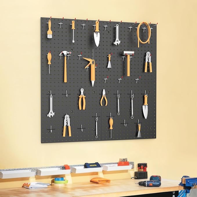 WALMANN 4PCS 16" * 16" Metal Pegboard Panels for Wall Garage Tools Pegboard for Garage, Workbench, Peg Board Tool Organizer Board(Pack of 4, Black)