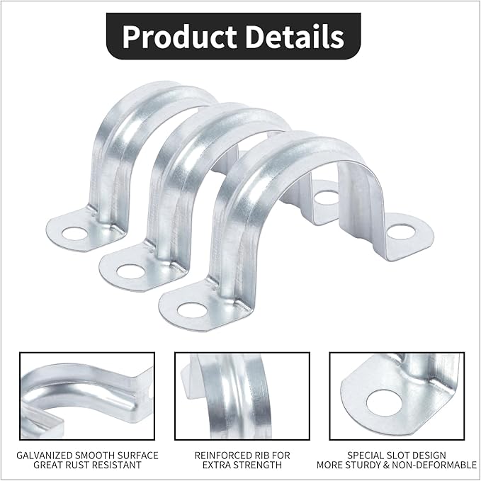 3/4 Inch（20 mm） Reinforced Rigid Pipe Strap,30 PCS 2 Holes U Bracket Cable Clamp Hanger,Zinc Coated Tension Tube Clip,Conduits Strap Clamps for Pipe Fixing on Various Surfaces