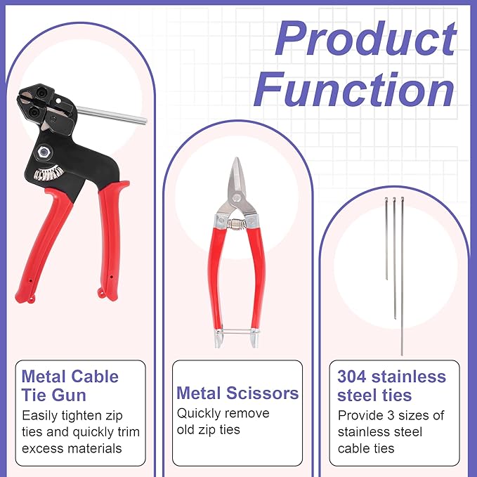 RUTU Stainless Steel Zip Tie Gun Set, All-in-one Stainless Steel Cable Tie Gun Set with 150pcs Zip Ties, Adjustable Resistant Heavy Duty Cable Ties for Exhaust Pipes Automotive Poultry Fence