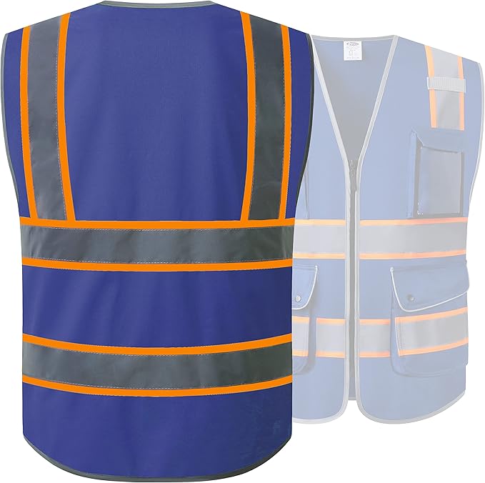 JKSafety 9 Pockets High Visibility Zipper Front Safety Vest | Blue with Dual Tone High Reflective Strips | Meets ANSI/ISEA Standards (901-Blue, XX-Large)