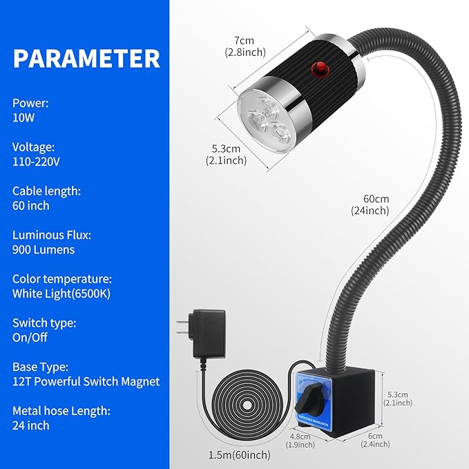 Magnetic Work Light, LED Work Light with Flexible Gooseneck and Magnetic Base, Shop Tool Lamp for Lathe, Work Bench, Sewing Machine,Grill,Industrial Lighting,10W,900Lumens,Black