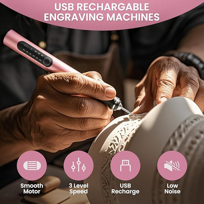 Electric Engraving Pen with 37 Bits, USB Rechargeable Cordless Etching Engraving Tool, Portable DIY Rotary Engraver for Jewelry Wood Glass Stone Carving (Rose Red)