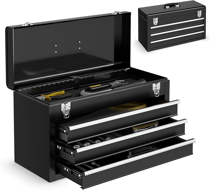 Goplus Tool Box with 3 Drawers, 4-Tier 20" Portable Tool Chest Organizer with Top Tool Tray, Auto Lock, Protective Liner, Handle, Steel Metal Small Toolbox for Gargae, Workshop, Home