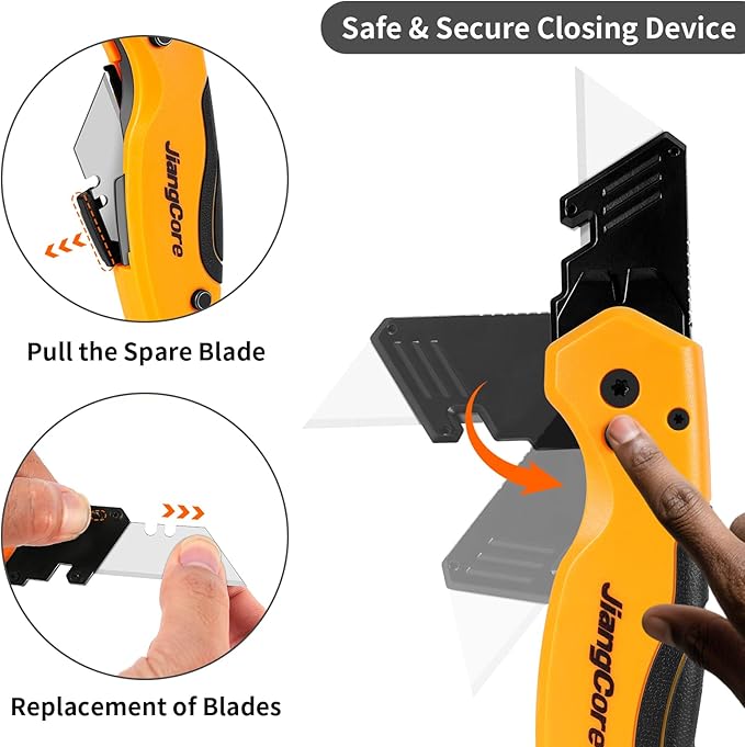 Folding Utility Knife with Pry Bar – Quick Change Box Cutter with Belt Clip, Liner Lock and 2 Extra SK5 Blades for Construction DIY and Outdoor Tasks