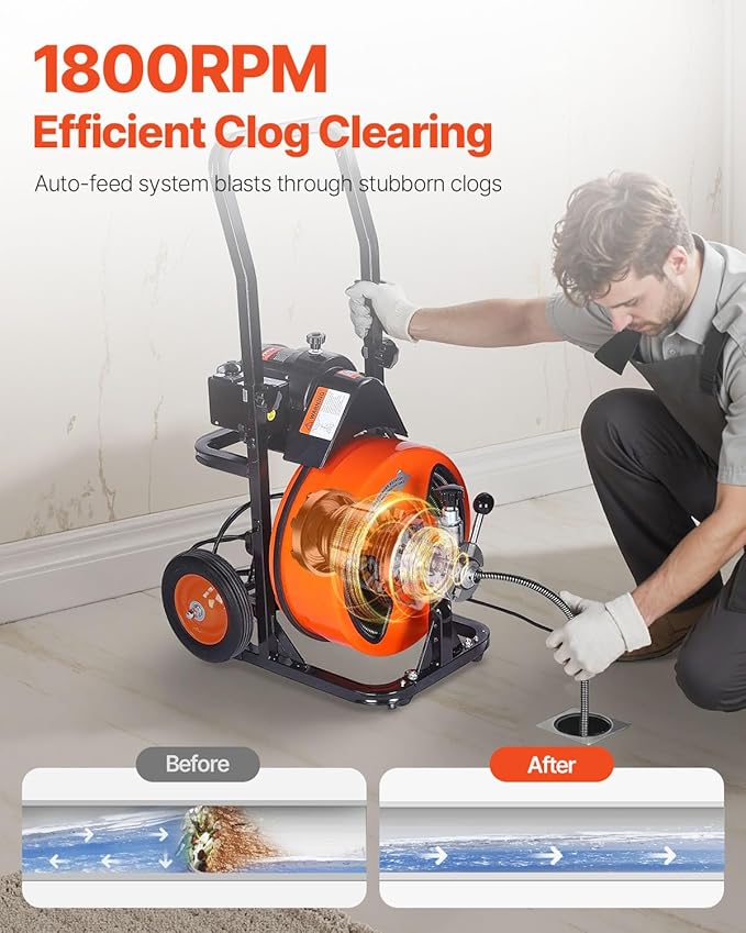 VEVOR Drain Cleaning Machine 50 FT x 3/8 Inch, Sewer Snake Machine Auto Feed, Drain Auger Cleaner with 4 Cutter & Air-Activated Foot Switch for 1" to 4" Pipes, Orange, Black