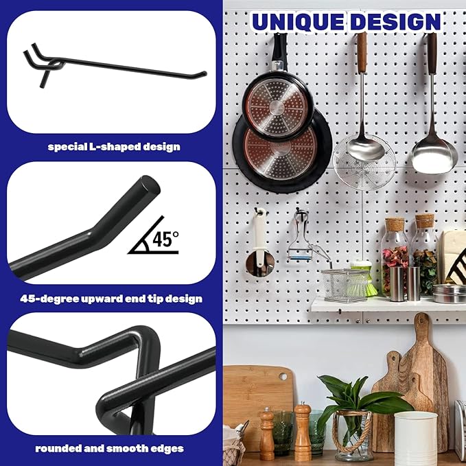40Pcs Black Stainless Steel Pegboard Display Hooks Assortment Set, 2" 4" 6" 8" Garage Organization Peg Wall Hook Metal Slatwall Panel Hook Fit 1/8 and 1/4 Inch Pegboard for Retail