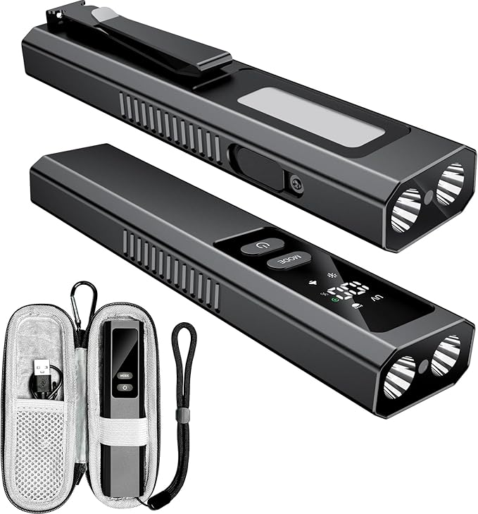 5-in-1 Rechargeable EDC Flat Flashlight, High Lumens Pocket Torch with White LED, Green Beam, UV, Magnetic Base & Clip, Compact Flat Flashlight for Camping, Emergency, Work with Bag (Black)