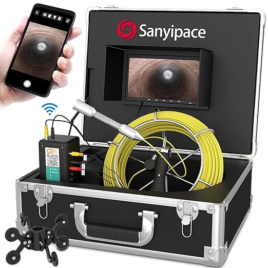 Sanyipace Sewer Camera 165FT/50M with WiFi Wireless Transmission, Drain Camera with Lights, Pipe Sewer Scope Inspection Camera with IP68 Waterproof Camera Probe, 7" Color Screen, Camera Guide Wheel