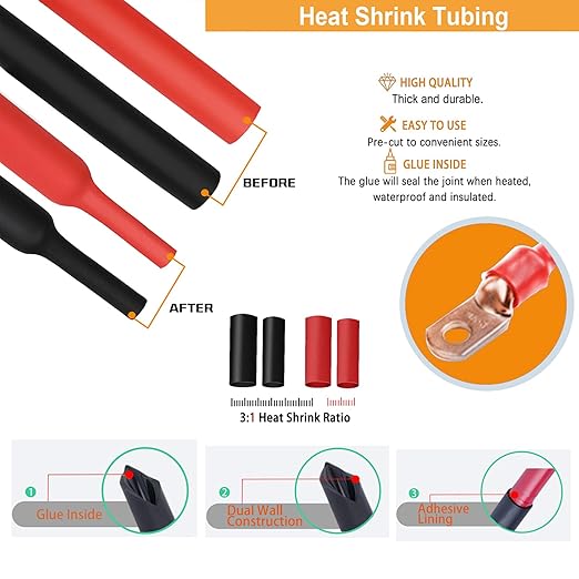 16Pcs 2/0 AWG 5/16" Stud Heavy Duty Copper Wire Lugs with 16Pcs Heat Shrink Tubing 2/0 Gauge Ring Terminals Battery Cable Ends Bare Copper Eyelets Tubular Ring Terminal for Car Boat Marine