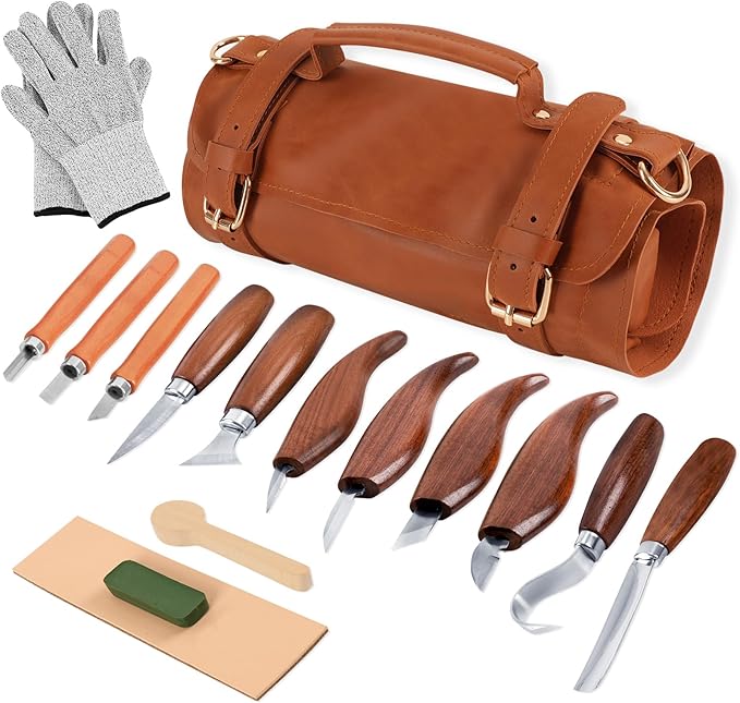 Wood Carving Kit, Deluxe Wood Carving Tools with Large Leather Case, 8Pcs Whittling Knives, 3 Detail Carving Knives, Whittling Kit for Beginners DIY