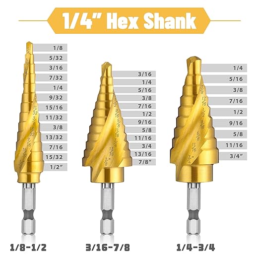 3PCS Step Drill Bit Set, Spiral Grooved HSS Titanium Step Drill Bits for Metal, 31 Sizes Stepper Up Bits