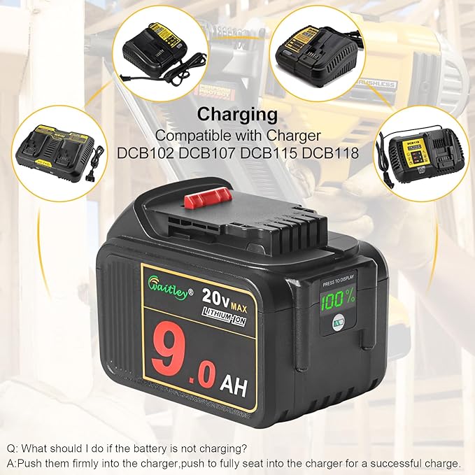 waitley 2 Pack 20V 9.0Ah DCB209 Replacement Battery Compatible with DCB200 20V DCD DCF DCG Series Cordless Power Tools with LED Indicator