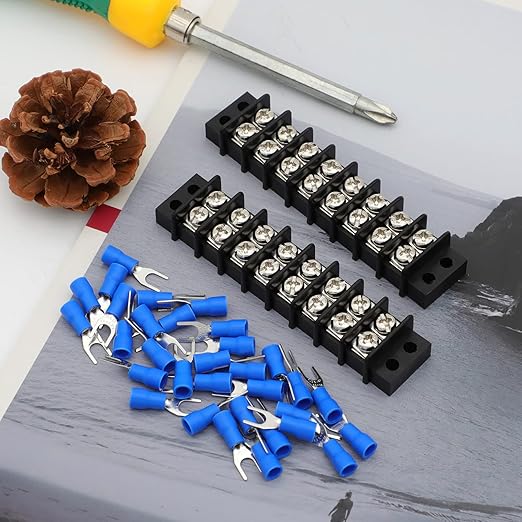 Terminal Block,2 Pack 8 Circuits 20-30A 200v-450v Dual Row Screw Terminals Strip +32 PCS Heat Shrink Wire Connectors