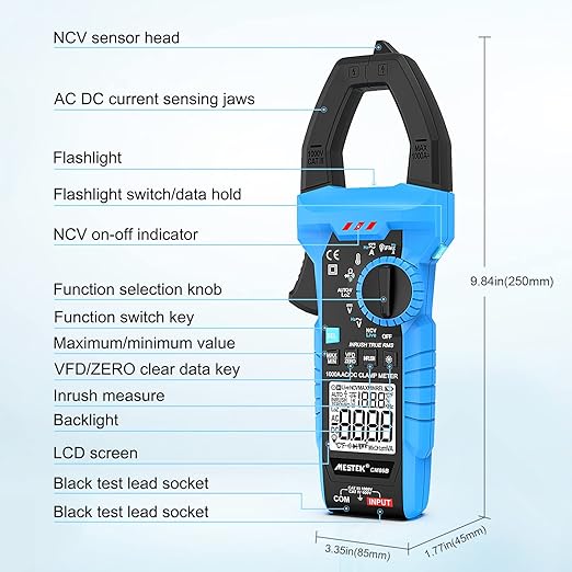 MESTEK Digital Clamp Meter Multimeter with Inrush Current, 1000A TRMS Amp Voltage Tester with VFD & LOZ Mode; Measures AC/DC Current Voltage Temperature Resistance Capacitance Frequency Continuity NCV