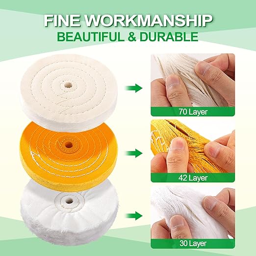 7PCS 6 Inch Polishing Wheels Kit for Bench Grinder, Include 1/2" Arbor Hole 2 White Cotton Polish Wheels(70Ply), Yellow Cotton Wheel(42Ply), Soft Flannel Buffing Wheel(30Ply)& 3 Polishing Compound Set