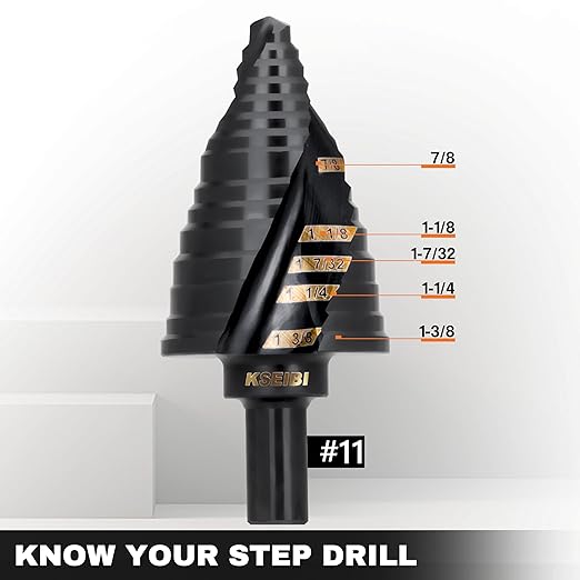 KSEIBI 5 Steps 7/8-1-3/8 inch SAE Standard Industrial Grade Step Drill Bit 3 Flat Shank, 575082 High-Speed Steel Metal Drill Bits Black Oxide M2 Material