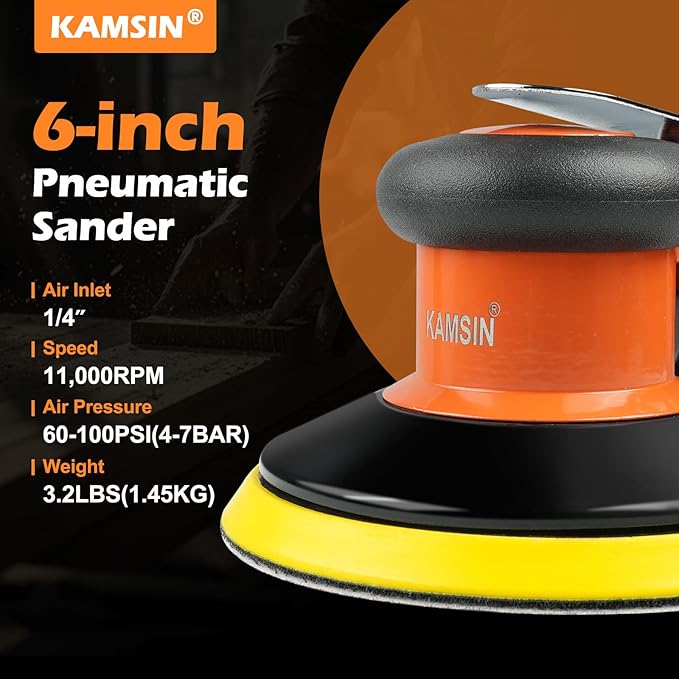 Pneumatic Random Orbital Sander 6" Air Palm Sander, Speed Adjustable Professoinal Da Sander for Woodworking, Metal and Auto Bodywork